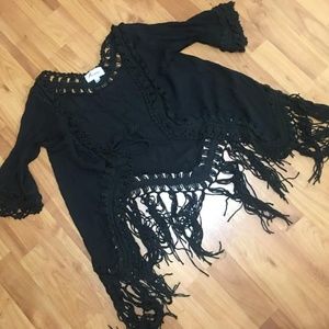 Arianna Black BOHO Tie Front Fringe Top